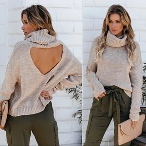 NEW Women’s Beige Cutout Back Turtleneck Long Sleeve Knit Sweater